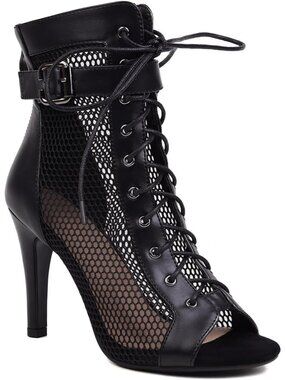 Women's Black Buckle Strap Peep Toe High Top Lace Up Solid Mesh Pump Sandal Boot